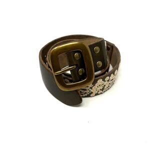 Lucky Brand Brown Leather Embroidered Cream Floral Vine Belt Size Large